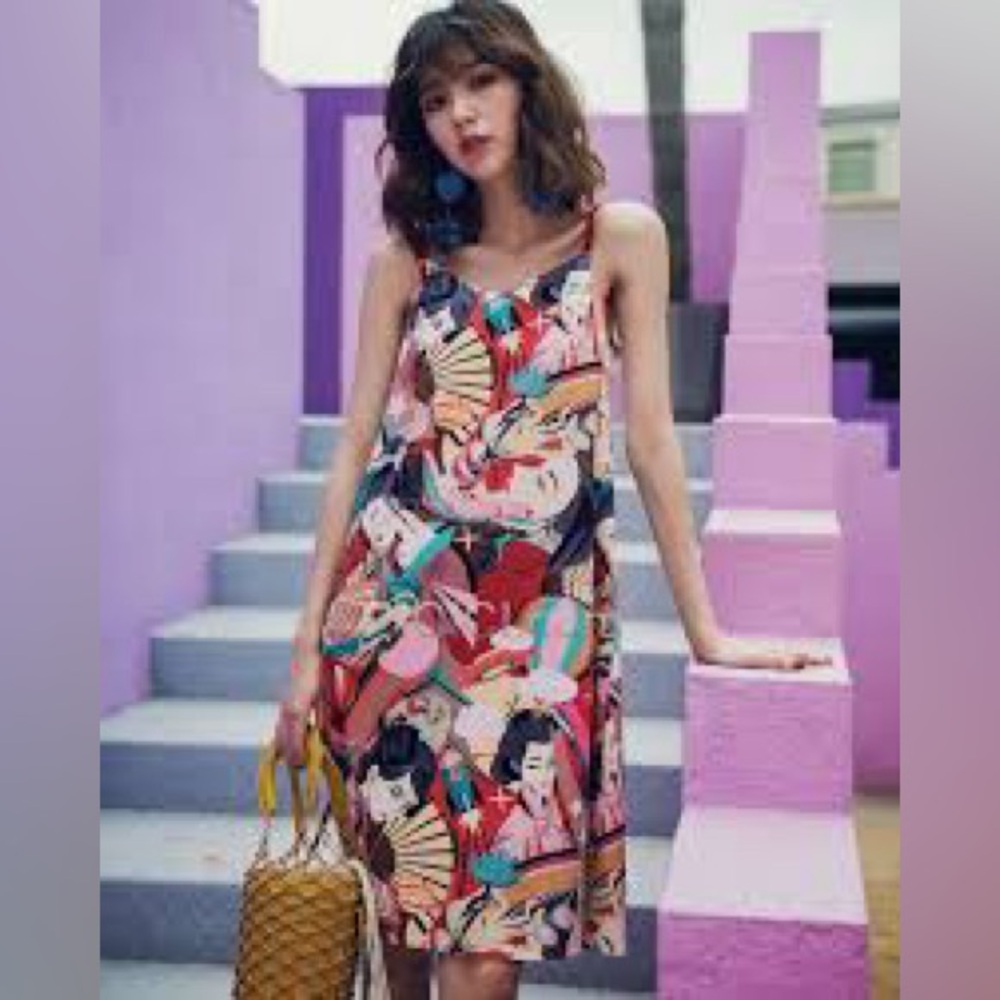 Colorful Geisha Print Dress Japanese M